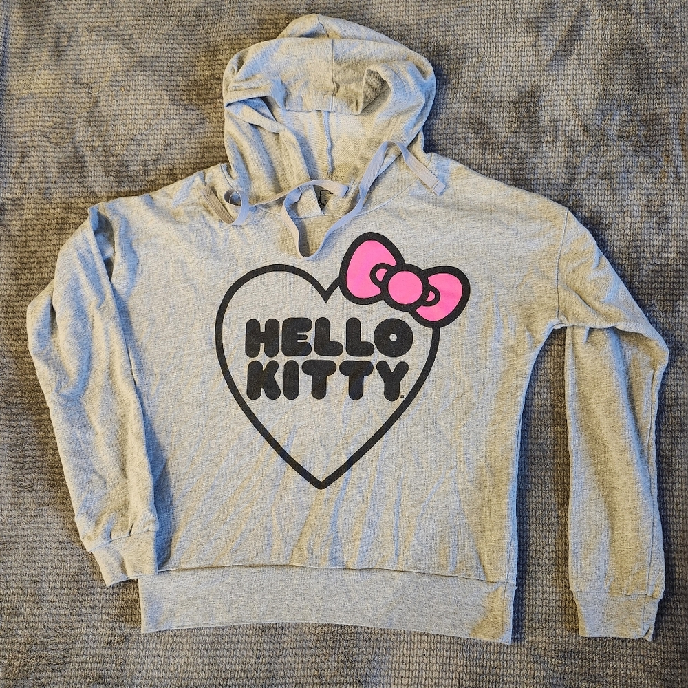 Sanrio Hello kitty Hooded Cropped Length Long Sleeve Sweater Sz XS, Heather Gray